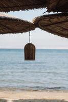 Rustic straw umbrellas lined up on a sunny beach with sparkling waves in the background. photo