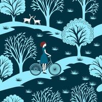 girl on a bicycle on a background of blue forest vector