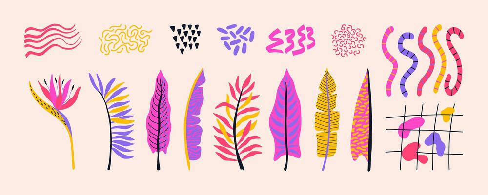 Collection of modern tropical leaves, flower and shapes. Animal patterns on Hawaiian ferns. design for poster, scrapbooking, sticker.