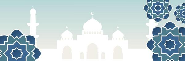 Blue Islamic banner with Mosque silhouette and Mandala ornaments. Design with empty space for text vector