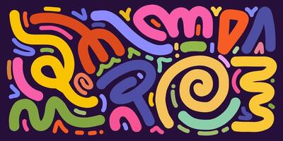Colorful collection organic shapes and symbols on a black background. Modern contemporary doodle objects and graphic elements. vector