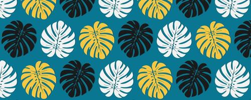 monstera leaves pattern with yellow and black color on a blue background vector