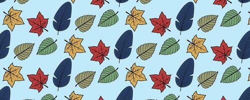 a pattern with colorful leaves on a blue background vector