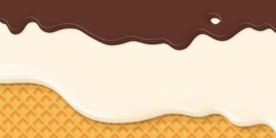 Melted vanilla ice cream and chocolate toping drop on ice cream cone texture background graphic illustration have blank space. vector