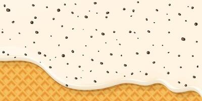 Melted vanilla chocolate chip ice cream dropping on ice cream cone texture background graphic illustration. vector