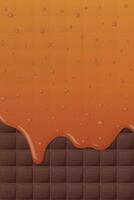 Melt salted caramel syrup pouring on chocolate bar pattern vertical background graphic illustration. vector
