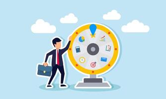 A businessman stands beside a toy wheel containing data analyst elements and spins it, illustration of gambling in structuring and analyzing data vector