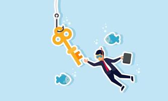 A businessman dives with fish trying to take a fishing bait shaped like a key, illustration of efforts to find solutions to business problems vector