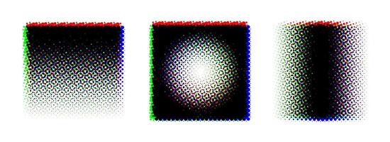 Square halftone gradient background set. RGB textured pixelated rectangle gradation. RGB color dotted fading shapes. Grunge ink press splash stains and blots. Print production raster glitch. vector