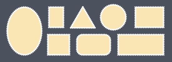 Beige postage stamps set. Post stamp frames and borders. Ellipse, triangle, rectangle template for mail, postcard, letter, note. Jagged wavy edge forms. Zigzag objects for badge, sticker, photo vector