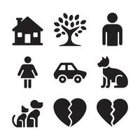 Collection of style silhouette icons showcasing people, pets, objects, and emotions represented in a simple visual format. illustration vector