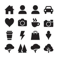 A collection of black icons symbolizing daily objects and concepts, including home, camera, love, car, cup and nature. illustration vector
