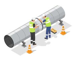 Engineer inspection Technicians testing to weld pipe with ultrasonic method isometric isolated illustration vector