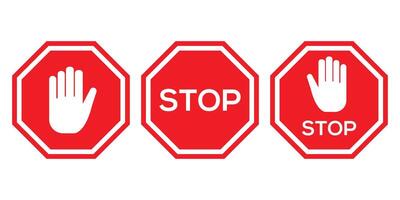 Red stop sign icon set. White text and hand symbol on red traffic sign. illustration. vector