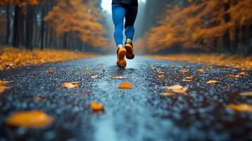 A Runner's Journey Through Autumn Rain on a Scenic Path video