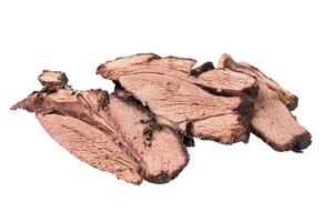 Roasted and sliced Roe Deer leg meat. baked game meat of venison with bone isolated on white background. top view photo