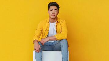 Stylish Asian Man in Yellow Corduroy Shirt Sits on a White Cube Against a Vivid Yellow Background photo