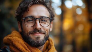 Portrait of a smiling man with glasses on the background of autumn forest. photo