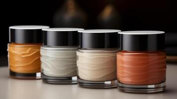 A set of four face cream jars in different shades on a light colored surface. photo