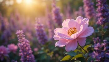 A delicate pink flower in full bloom, bathed in the soft golden light of the setting sun photo