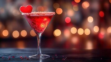 A dazzling red cocktail in a martini glass, rimmed with sugar and adorned with a heart-shaped garnish. Warm bokeh lights in the background create a romantic Valentine's Day ambiance. photo