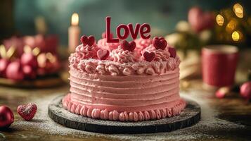 A decorated Valentines Day cake with pink rosette frosting, red heart sprinkles, and a bold Love topper sits by a cozy window, exuding charm and festive romance. photo