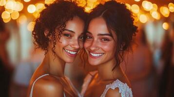 A joyful LGBTQ couple beams with love and pride, embraced by warm golden lights in a romantic setting. Their radiant smiles reflect a celebration of unity, diversity, and heartfelt affection. photo