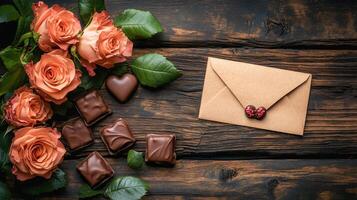 A romantic setup featuring peach roses, heart-shaped chocolates, and a sealed kraft envelope on rustic wooden planks, embodying love, charm, and the essence of Valentine's Day celebrations. photo