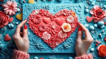 A vibrant handcrafted heart made of intricate red and pink flowers sits on a textured blue background adorned with decorative swirls, candy hearts, and roses, held by hands with red nails. photo