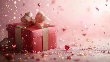 A beautifully wrapped red Valentines gift box with a glittering ribbon, surrounded by heart-shaped decorations, golden confetti, and soft light reflections, a romantic festive ambiance. photo