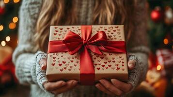 A close-up of hands in cozy knitted gloves holding a beautifully wrapped gift box decorated with red hearts and a satin ribbon, set against a festive background of warm lights and holiday charm. photo