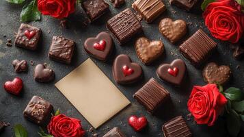 A delightful Valentine arrangement featuring heart shaped chocolates, glittering red hearts, vibrant red roses, and a blank card, all placed on a textured dark surface, evoking love and elegance. photo