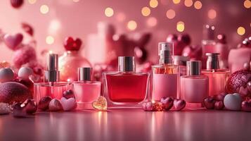 A luxurious display of pink and red perfume bottles surrounded by glittering heart decorations and soft glowing lights, creating a romantic ambiance perfect for Valentine's Day gifting. photo