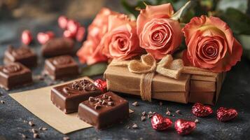 A romantic Valentine setup featuring elegant peach roses, heart-shaped chocolates, a beautifully wrapped gift with a golden bow, and glittering red hearts on a textured dark surface. photo