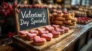 A rustic bakery display featuring a chalkboard reading Valentines Day Specials, surrounded by heart shaped pastries dusted with powdered sugar and fresh raspberries for a festive touch. photo