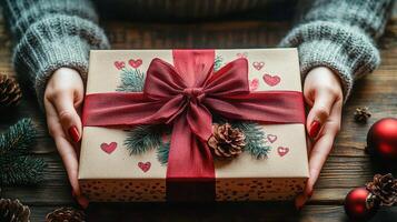 A beautifully wrapped gift box adorned with red hearts, a satin ribbon, pine branches, and a pinecone, held by cozy hands with red nails, set against a festive wooden background with holiday decor. photo