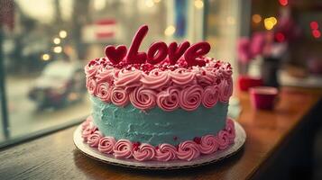 A beautifully decorated Valentines Day cake with pink rosette frosting, red heart sprinkles, and a bold Love topper sits by a cozy window, exuding charm and festive romance. photo