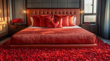 A luxurious romantic bedroom with a red heart centerpiece, velvet bedding, scattered rose petals, and warm wooden accents. Large windows and lush greenery add elegance and charm. photo