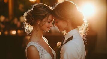 A radiant moment of love and connection featuring an LGBTQ couple in wedding attire, softly illuminated by a golden sunset. A heartfelt celebration of unity, joy, and inclusivity. photo