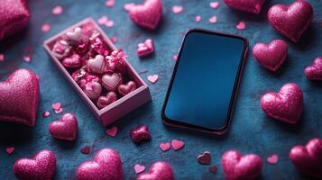 A vibrant Valentine's Day layout featuring a smartphone, a box of heart-shaped treats, and sparkling pink decorations scattered across a textured surface, perfect for promoting seasonal sales. photo