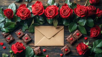 A romantic Valentine's Day arrangement of vibrant red roses, heart-shaped chocolates, and a kraft envelope on rustic wooden planks, exuding love, elegance, and heartfelt charm. photo