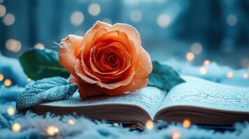 An elegant orange rose dusted with dewdrops rests atop an open book, surrounded by soft bokeh lights and a serene, dreamy atmosphere, evoking romance and poetic inspiration. photo