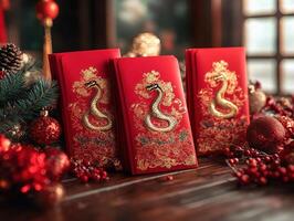 Luxurious red envelopes adorned with intricate golden snake designs are surrounded by festive decor, symbolizing prosperity, blessings, and tradition during the Chinese New Year celebration. photo
