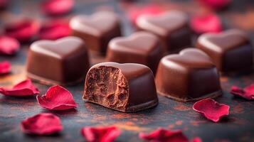 Heart shaped chocolates with rich fillings, surrounded by red rose petals, create a romantic Valentine's Day ambiance, symbolizing love, indulgence, and the gift for special occasions. photo