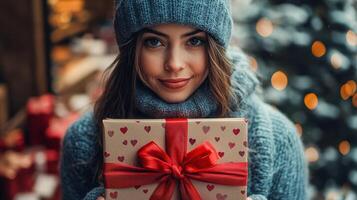 A cozy Valentine scene featuring a woman in a knitted hat and scarf holding a beautifully wrapped gift box adorned with red hearts and a ribbon, set against a festive background with warm lights. photo