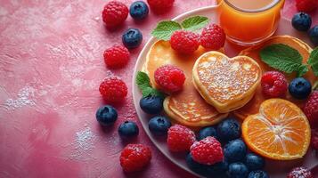 A romantic breakfast featuring fluffy pancakes topped with heart-shaped jam and surrounded by vibrant raspberries, blackberries, and blueberries, paired with a refreshing of orange juice photo