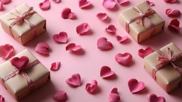 Three heart patterned gift boxes tied with pink ribbons rest on a soft pink background, surrounded by scattered rose petals, creating a romantic and atmosphere of love and celebration. photo