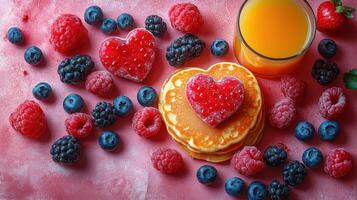 A romantic breakfast featuring fluffy pancakes topped with heart-shaped jam and surrounded by vibrant raspberries, blackberries, and blueberries, paired with a refreshing glass of orange juice. photo