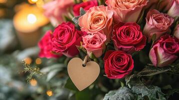 A stunning bouquet of pink and red roses adorned with a blank heart shaped tag, surrounded by soft foliage and glowing candlelight, creating a romantic and elegant Valentine atmosphere. photo