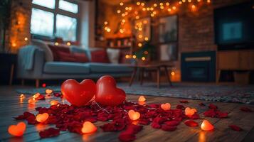 cozy Valentines setting with heart-shaped balloons, glowing heart lights, and scattered red petals on a wooden floor, surrounded by warm ambient lighting in a romantic living room. photo